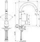 Küchenarmatur in Chrom-Design mit einer drehbaren Auslaufhöhe. Ideal Standard. Technische Zeichnung mit Maßangaben und Anordnung der Anschlüsse.